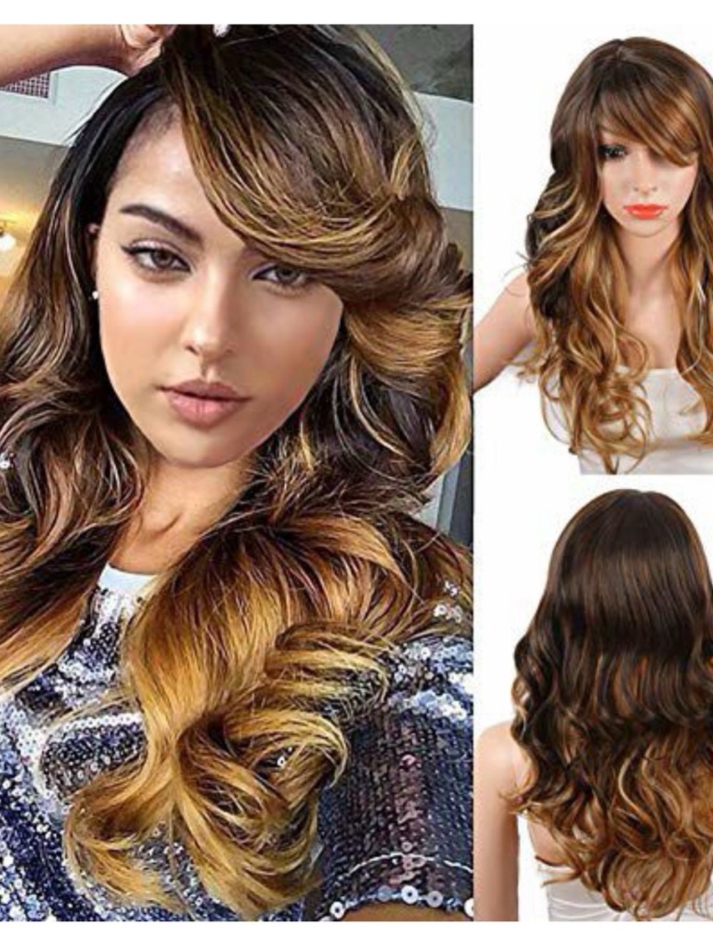 Layered Long Wavy Women's Wig in Dark Brown with Honey Blonde Balayage